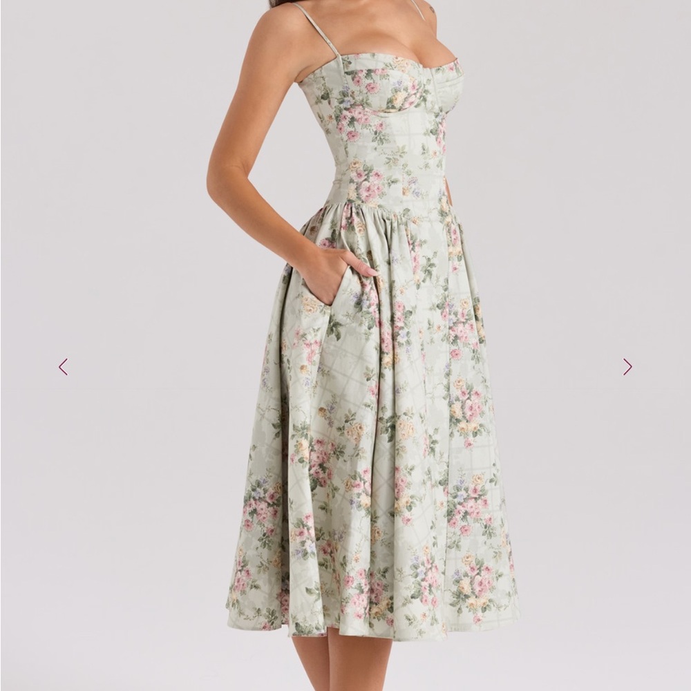 House of CB SAMARIA Sage Floral Print Cotton Midi Dress